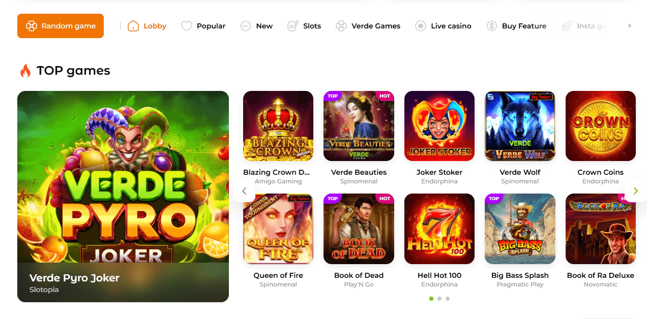 Screenshot des Verde Casino Cashier Bereichs mit Einzahlungsoptionen